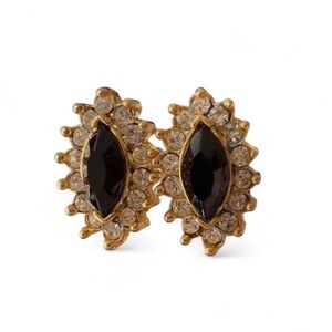 Unique Vintage Gold-Tone Black Marquise Crystal Halo Earrings